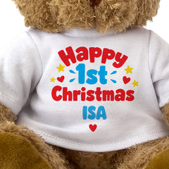 Closeup of the Happy 1st Christmas Isa T-shirt design