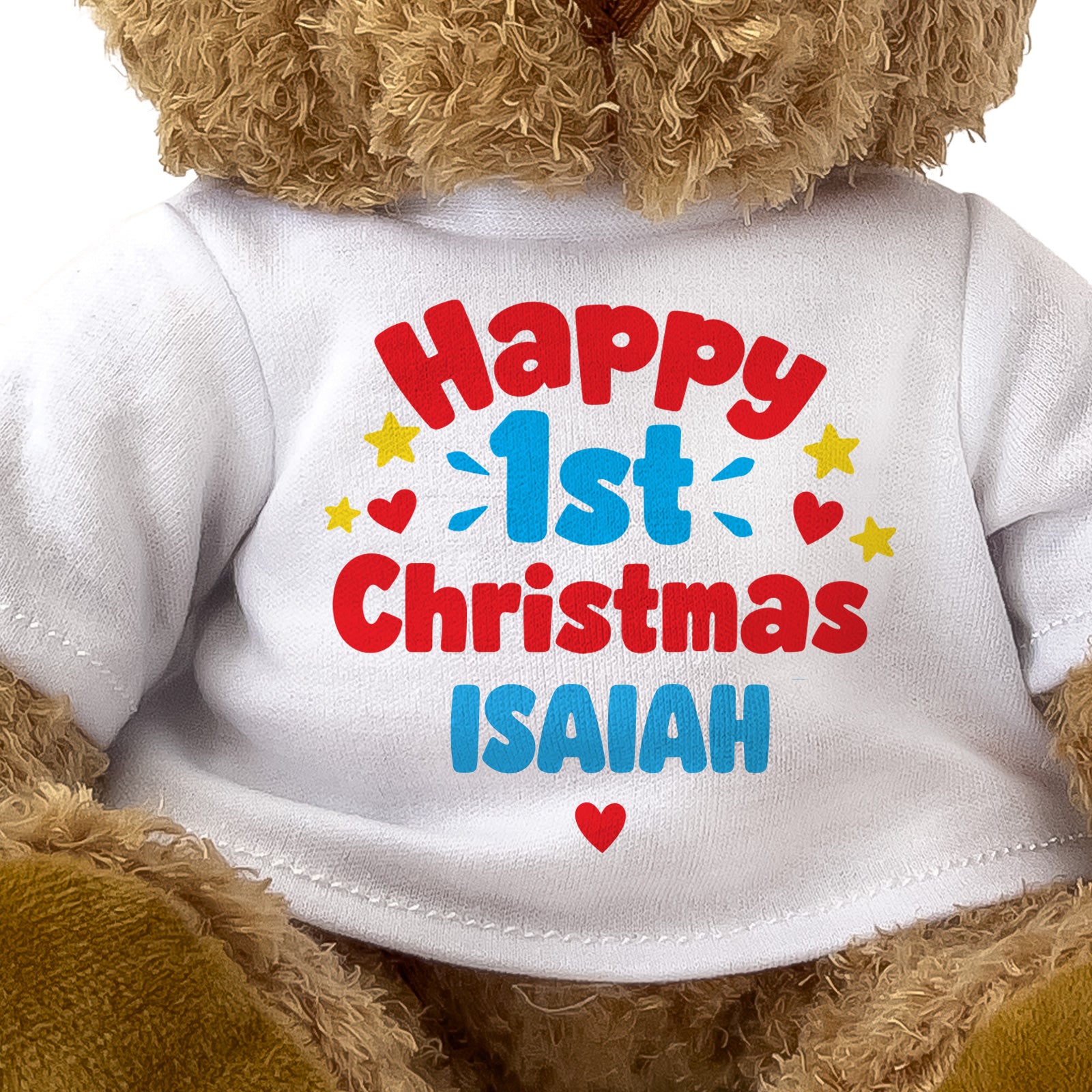 Closeup of the Happy 1st Christmas Isaiah T-shirt design