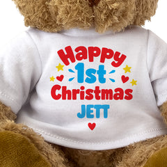 Closeup of the Happy 1st Christmas Jett T-shirt design