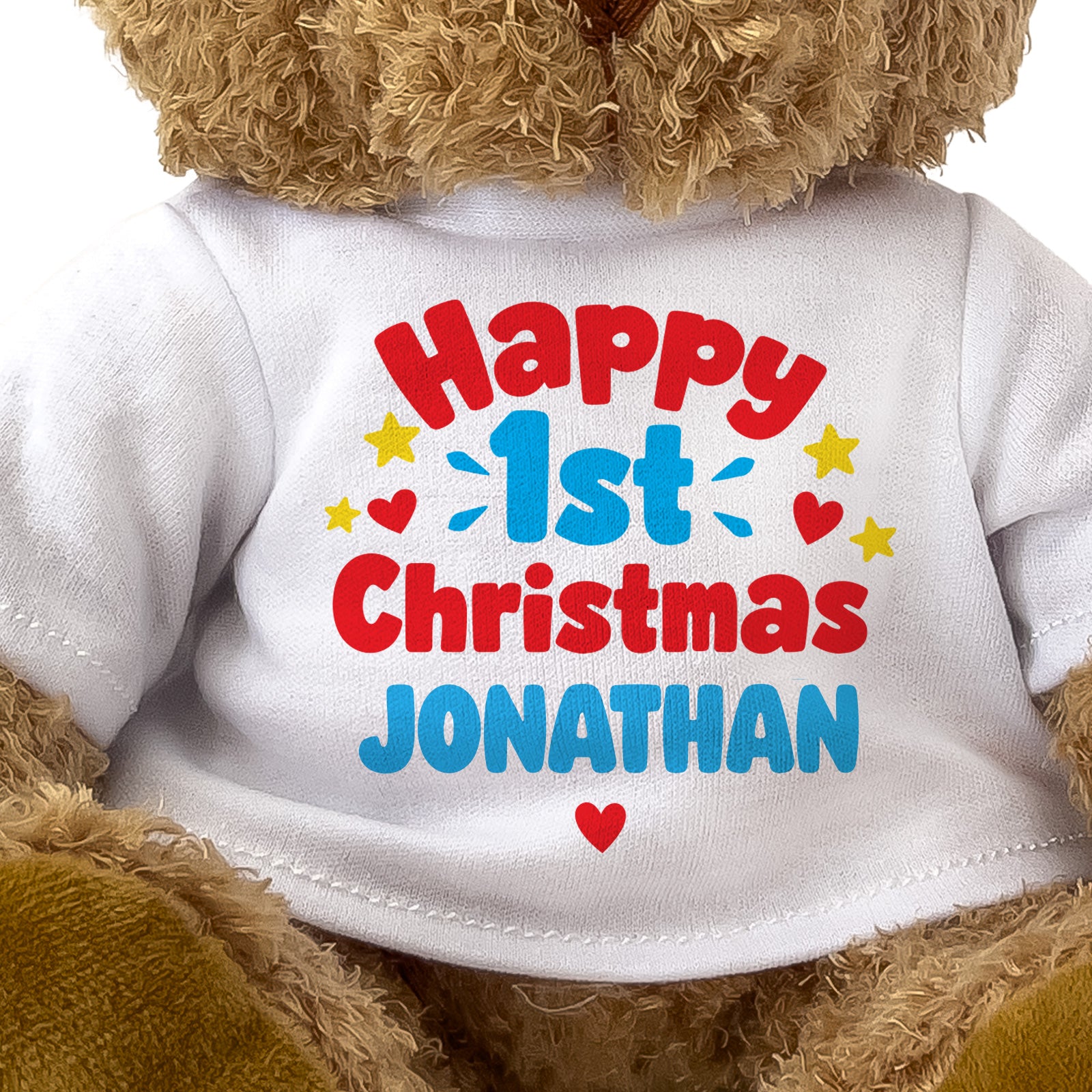 Closeup of the Happy 1st Christmas Jonathan T-shirt design