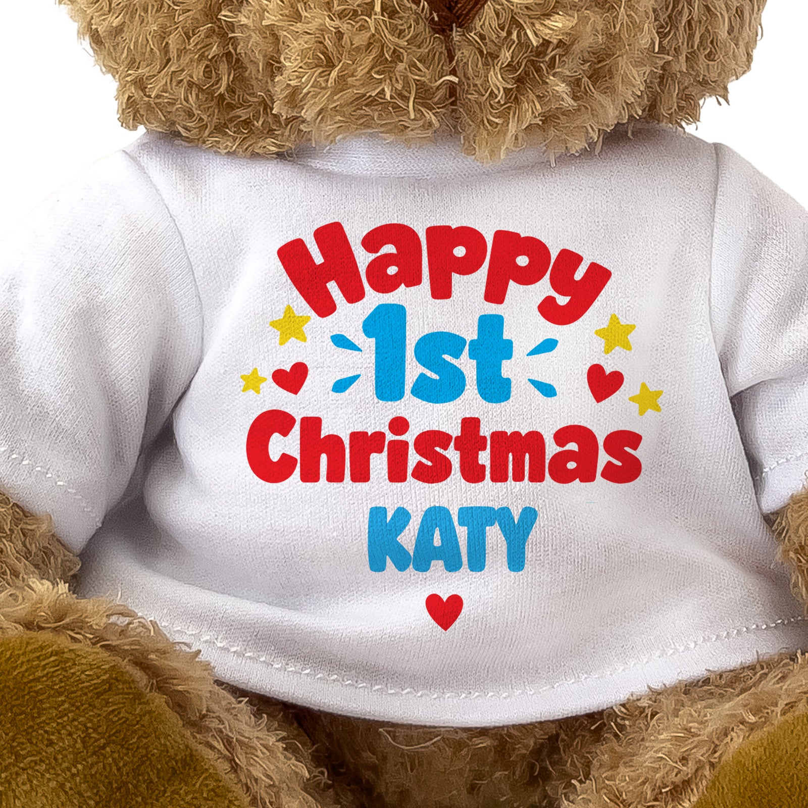Closeup of the Happy 1st Christmas Katy T-shirt design