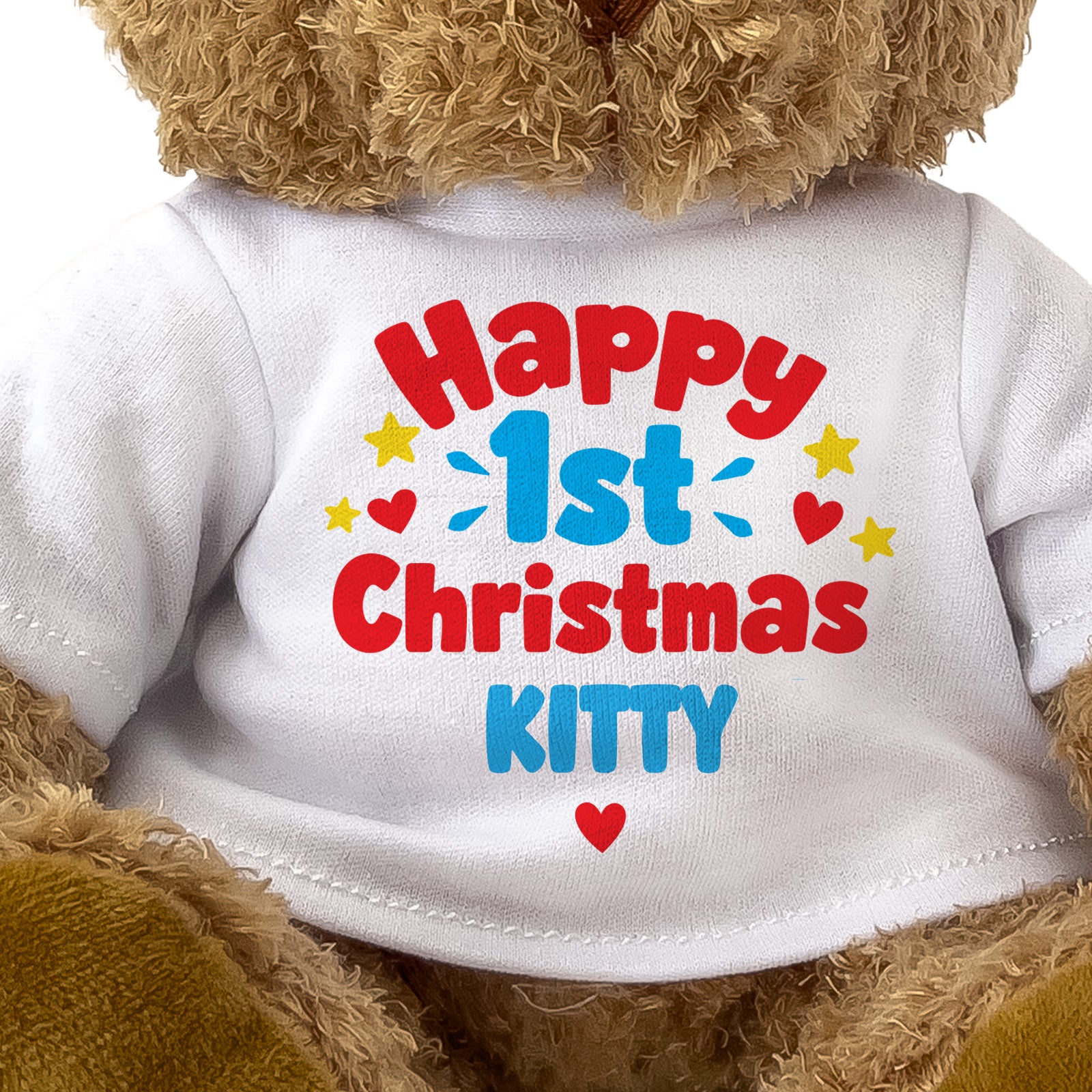 Closeup of the Happy 1st Christmas Kitty T-shirt design