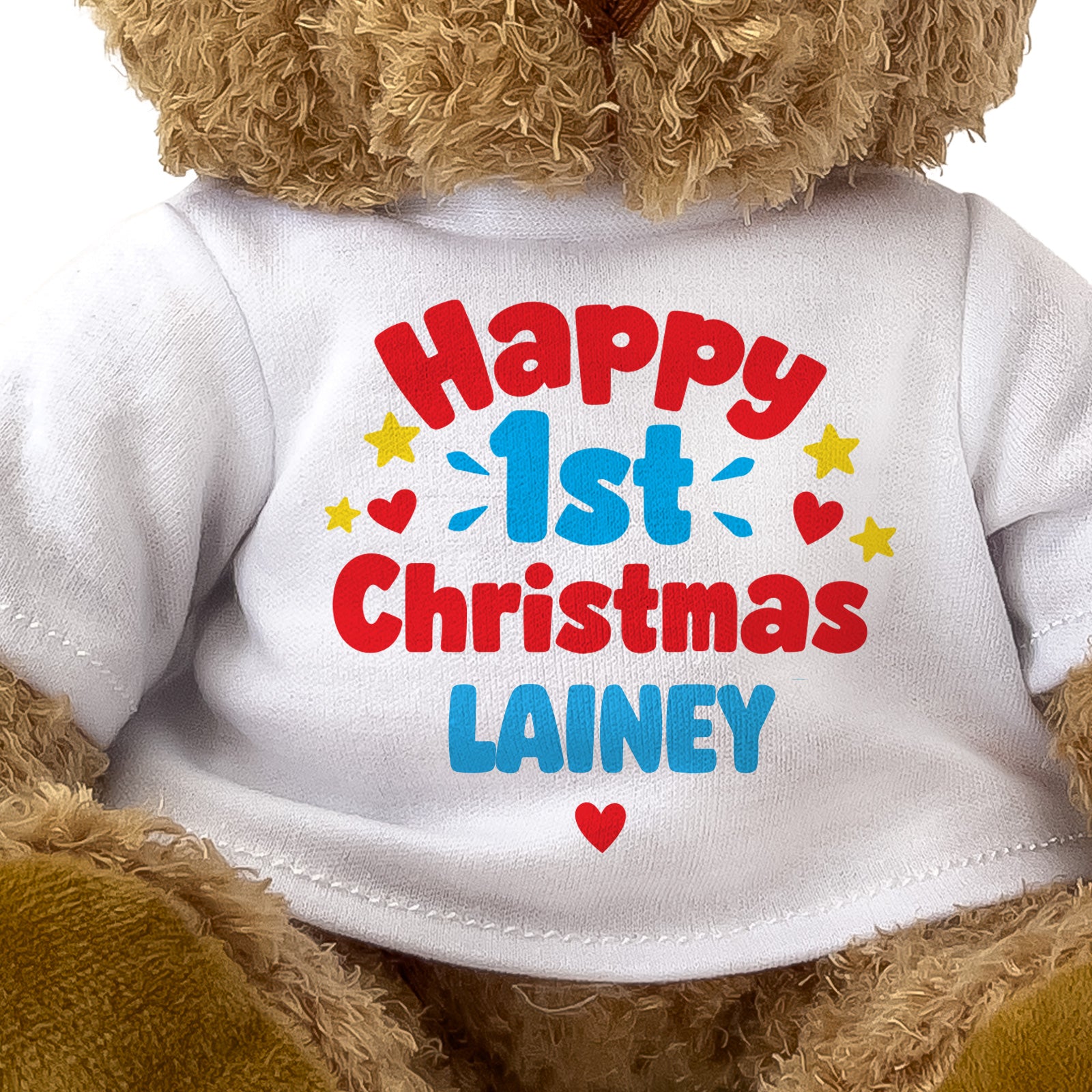 Closeup of the Happy 1st Christmas Lainey T-shirt design