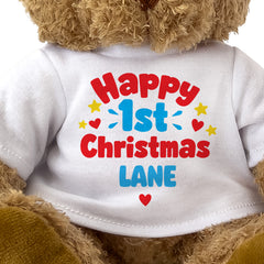 Closeup of the Happy 1st Christmas Lane T-shirt design