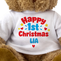 Closeup of the Happy 1st Christmas Lia T-shirt design