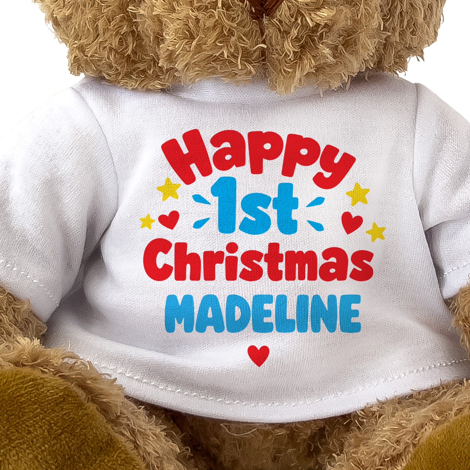 Closeup of the Happy 1st Christmas Madeline T-shirt design