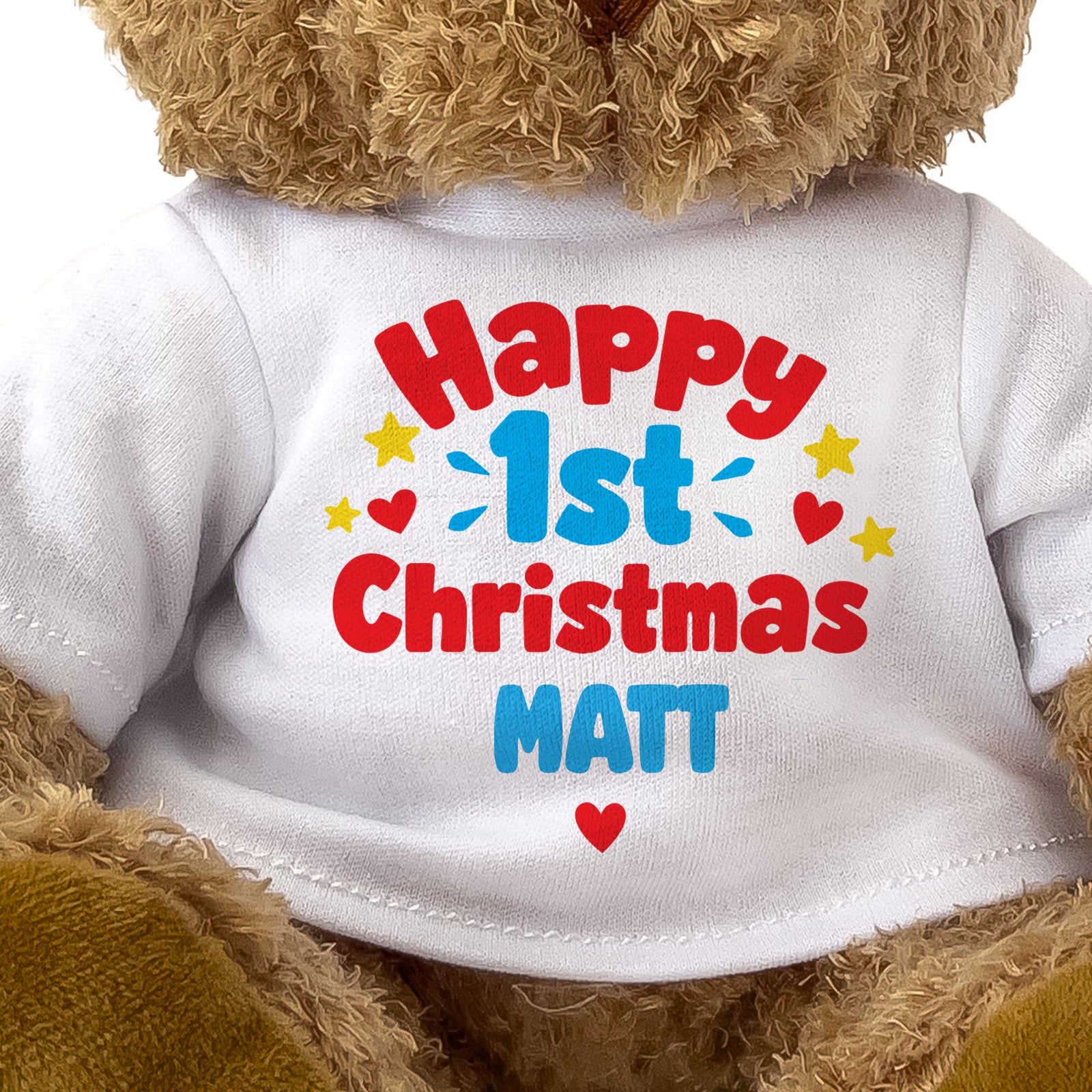 Closeup of the Happy 1st Christmas Matt T-shirt design