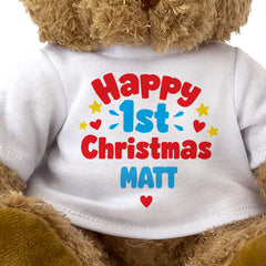 Closeup of the Happy 1st Christmas Matt T-shirt design
