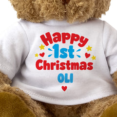 Closeup of the Happy 1st Christmas Oli T-shirt design