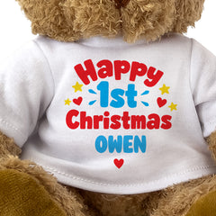 Closeup of the Happy 1st Christmas Owen T-shirt design