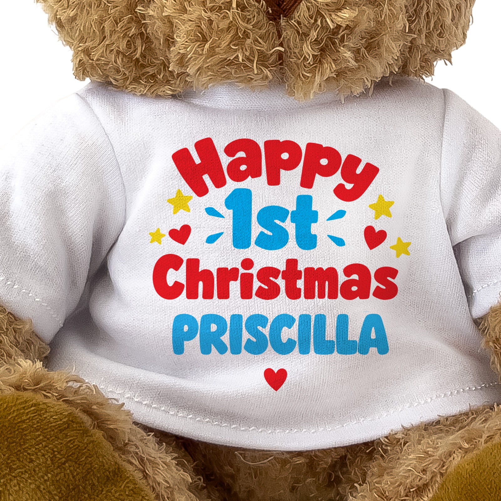Closeup of the Happy 1st Christmas Priscilla T-shirt design