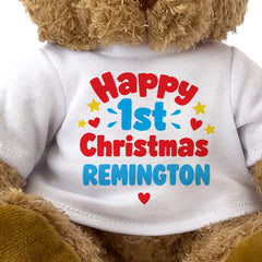 Closeup of the Happy 1st Christmas Remington T-shirt design