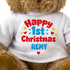 Closeup of the Happy 1st Christmas Remy T-shirt design