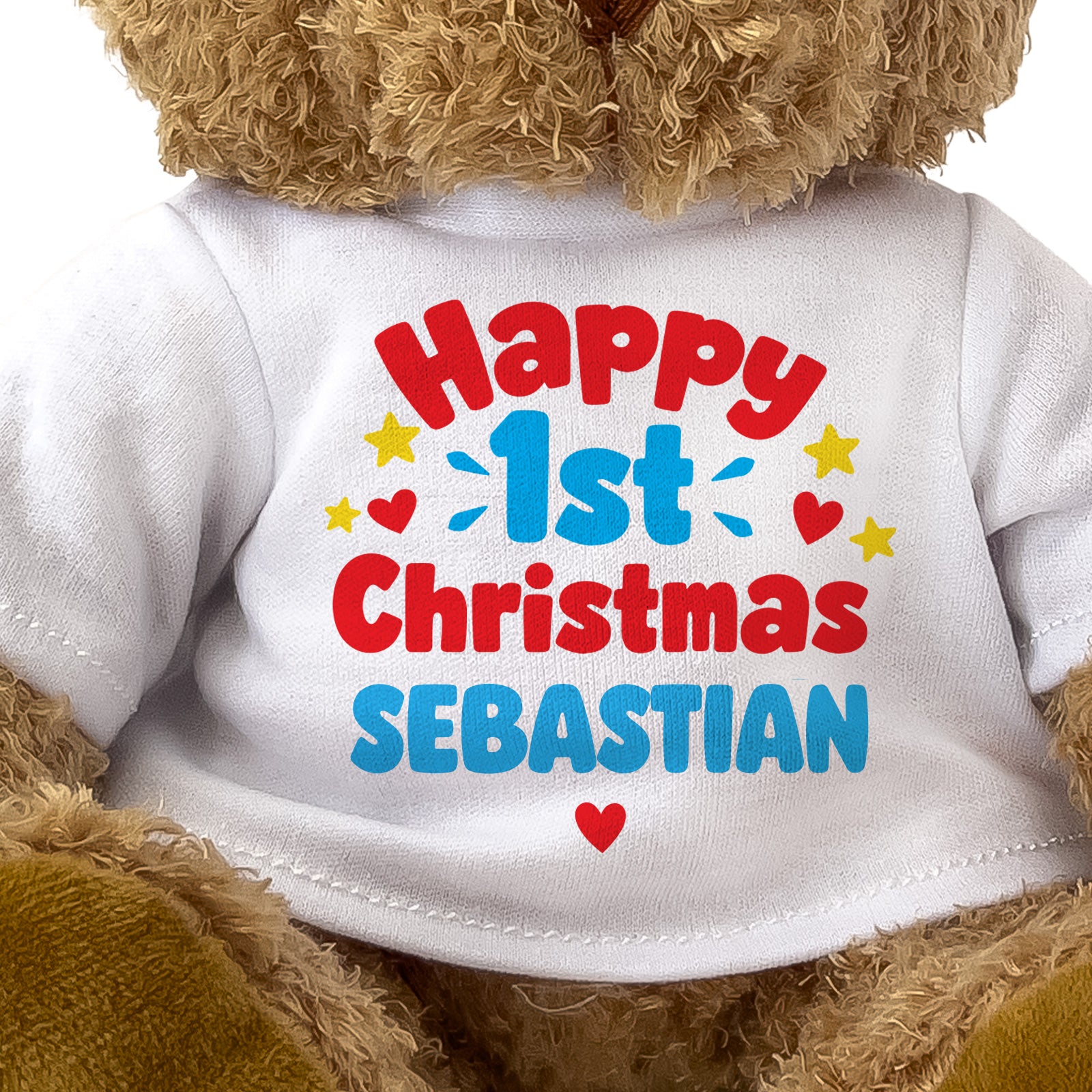 Closeup of the Happy 1st Christmas Sebastian T-shirt design