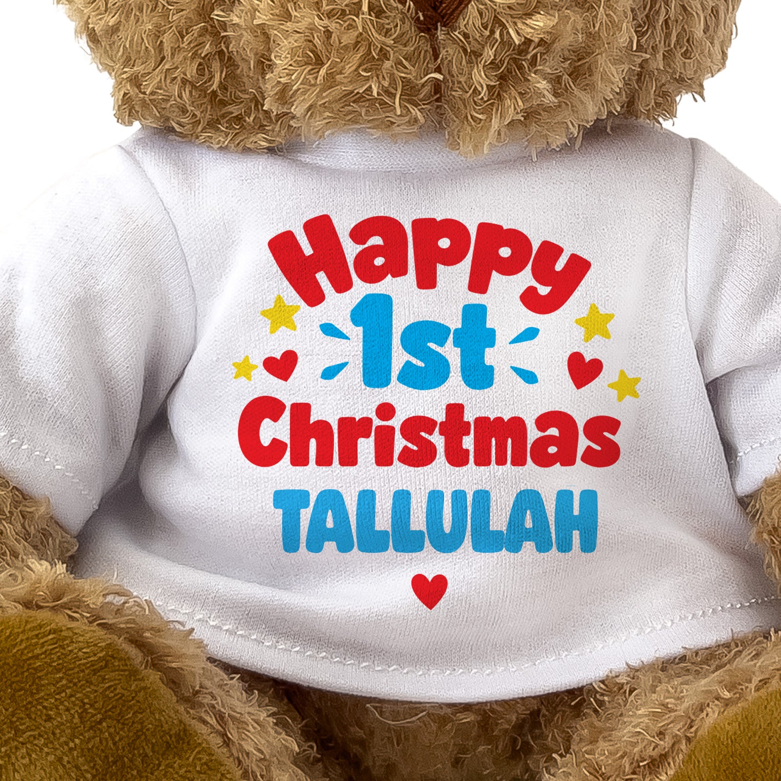 Closeup of the Happy 1st Christmas Tallulah T-shirt design