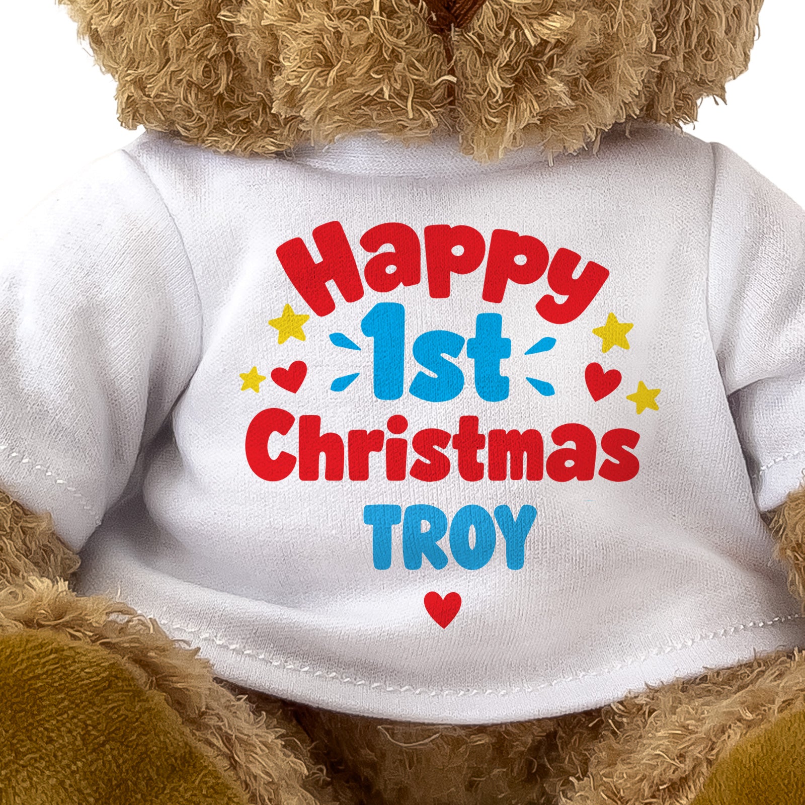 Closeup of the Happy 1st Christmas Troy T-shirt design