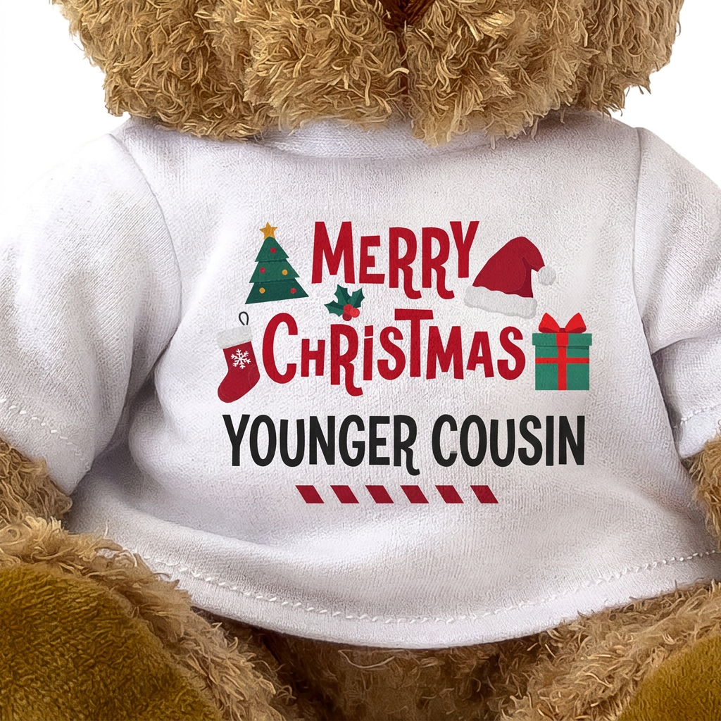 MERRY CHRISTMAS YOUNGER COUSIN - Teddy Bear - Cute Cuddly Soft - Xmas Gift Present