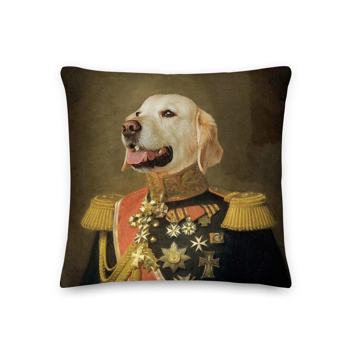 Funny 19th Century Portrait of Golden Retriever in Uniform Cushion