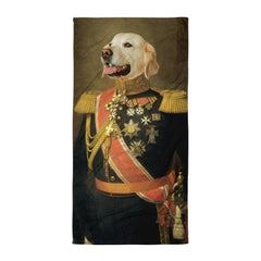 Funny Old Style Portrait Of Golden Retriever in Military Uniform - Beach Towel