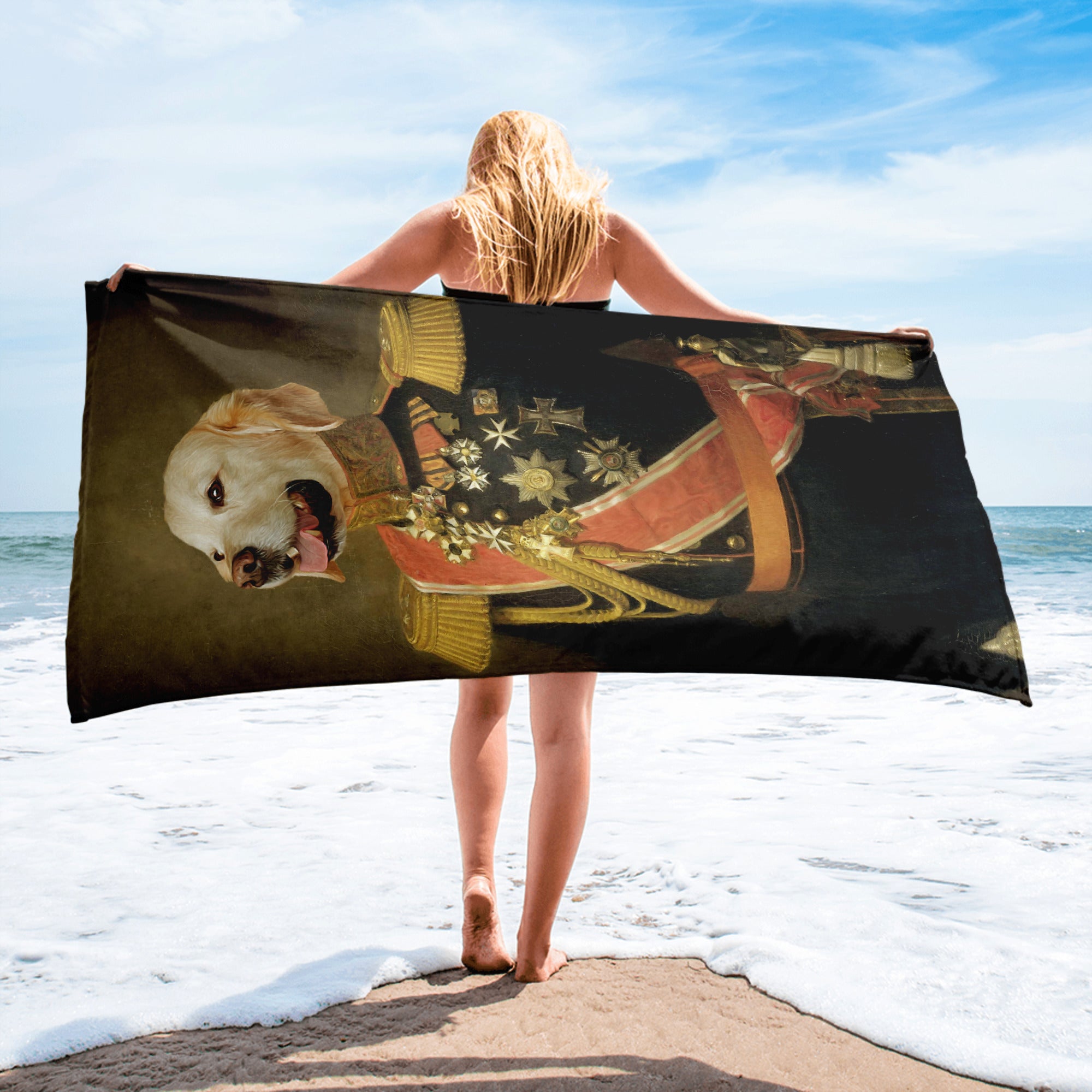 Funny Old Style Portrait Of Golden Retriever in Military Uniform - Beach Towel
