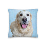 Golden Retriever With Blue Background And Hearts - Cushion / Pillow