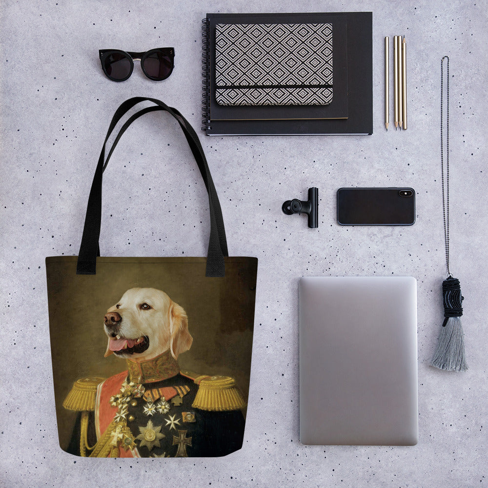 Old Style Portrait Golden Retriever in Military Uniform - Tote Bag