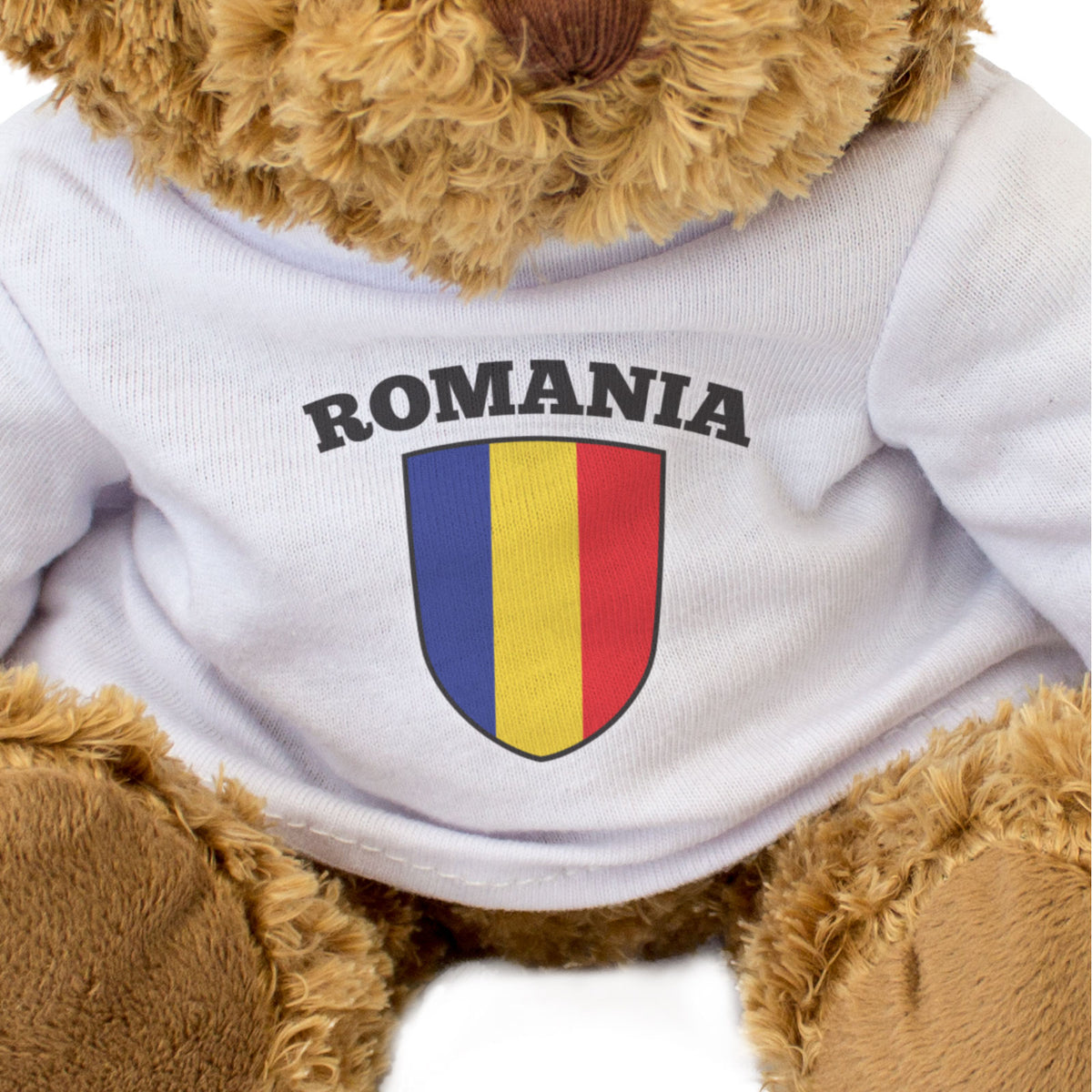 Romania Flag teddy bear wearing a printed white T-shirt
